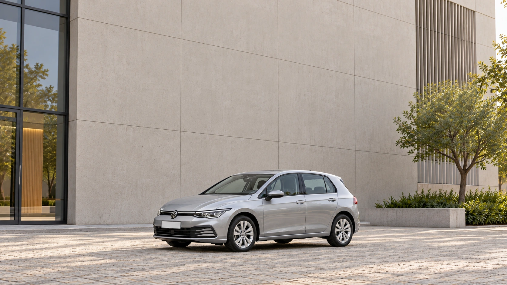 Silbergrauer Volkswagen Golf in seitlicher Dreiviertelansicht vor moderner Architektur